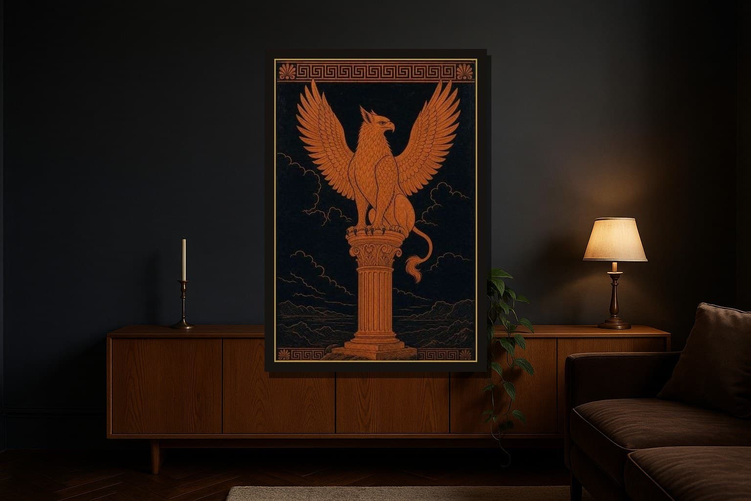 The Griffin shown as a framed fine-art print in a styled room