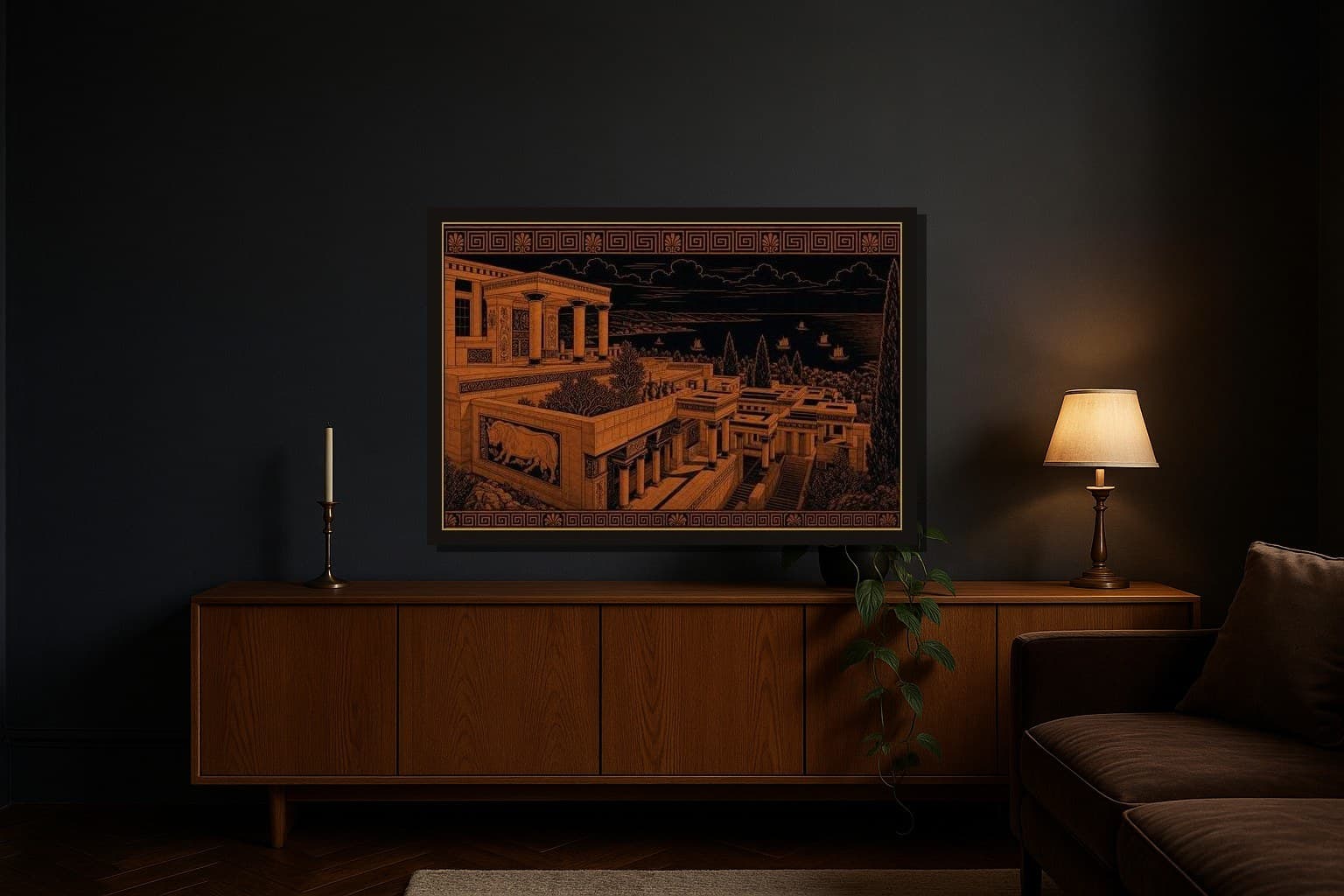 Knossos shown as a framed fine-art print in a styled room