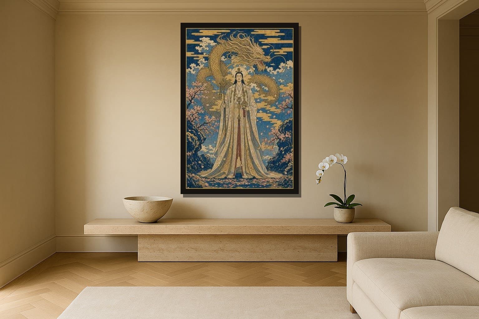 The Floating World shown as a framed fine-art print in a styled room