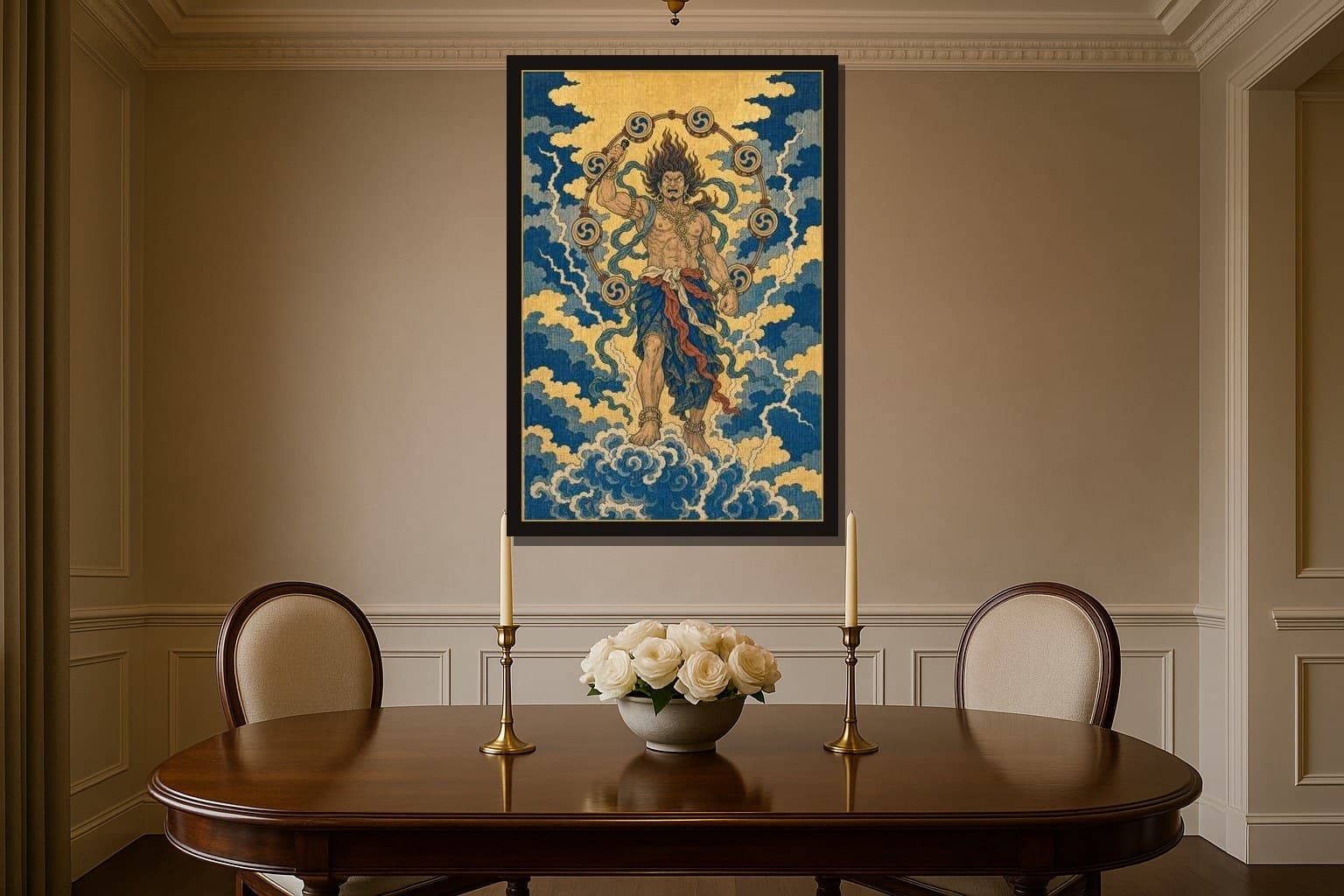 Raijin shown as a framed fine-art print in a styled room