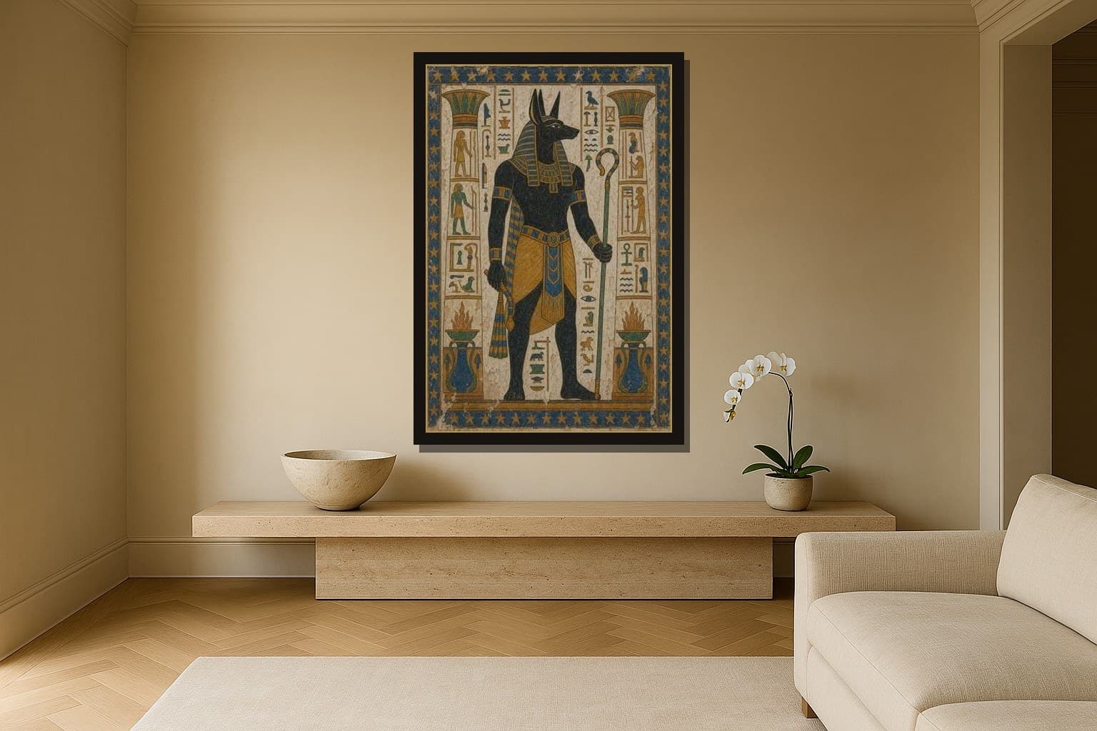 Anubis shown as a framed fine-art print in a styled room