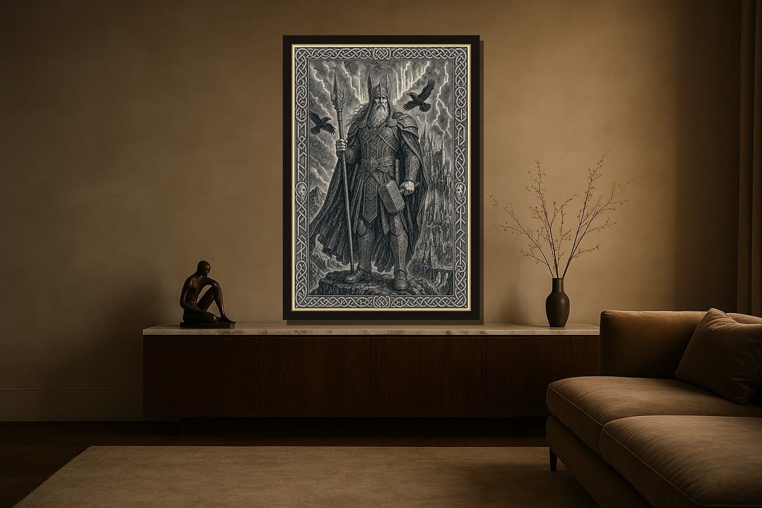 Asgard shown as a framed fine-art print in a styled room