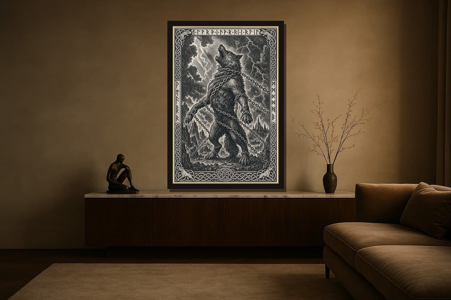 Fenrir shown as a framed fine-art print in a styled room