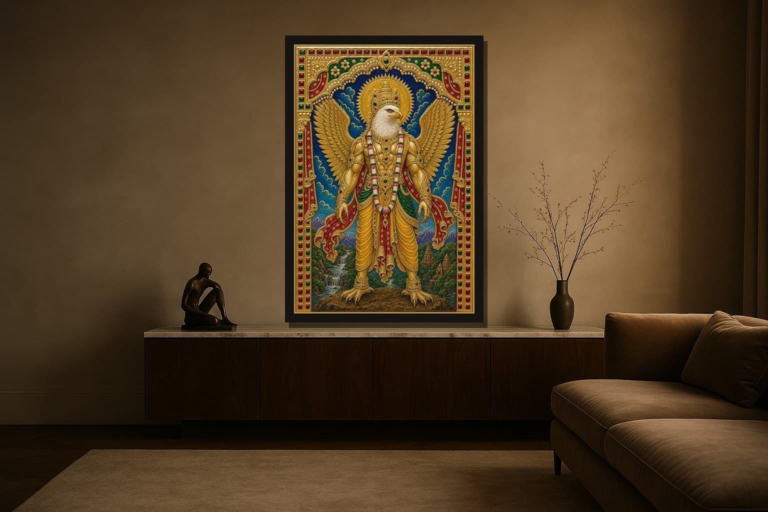 Garuda shown as a framed fine-art print in a styled room