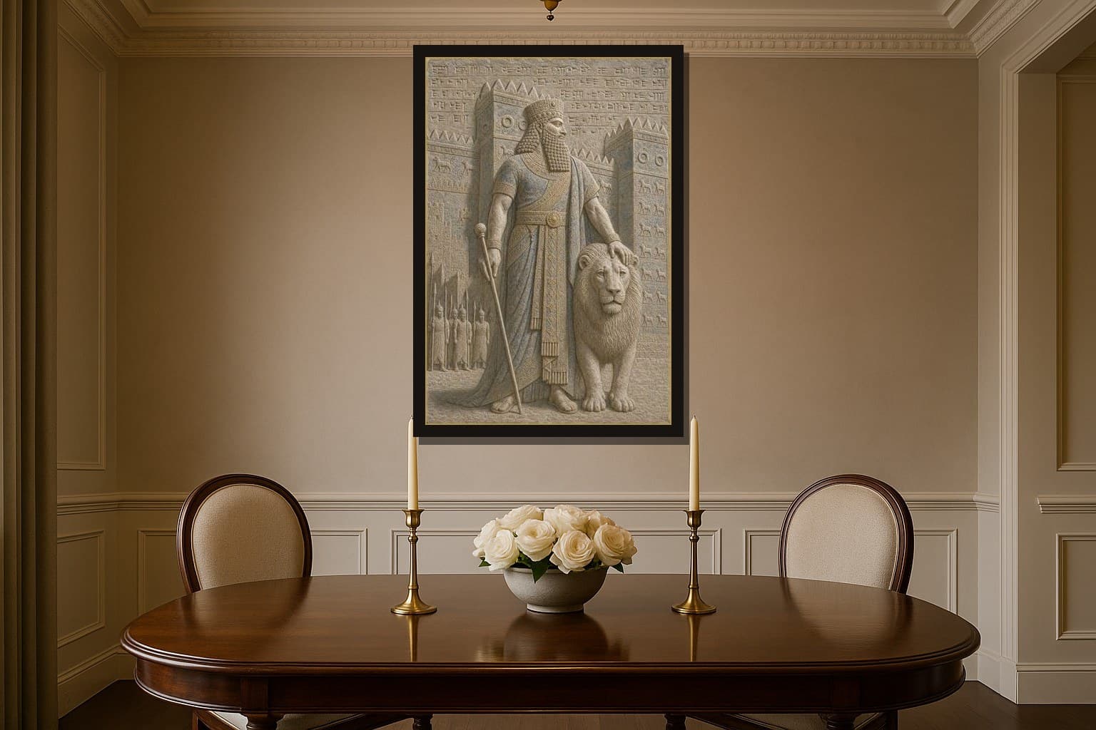 Gilgamesh shown as a framed fine-art print in a styled room