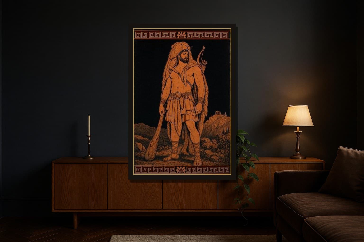 Heracles shown as a framed fine-art print in a styled room