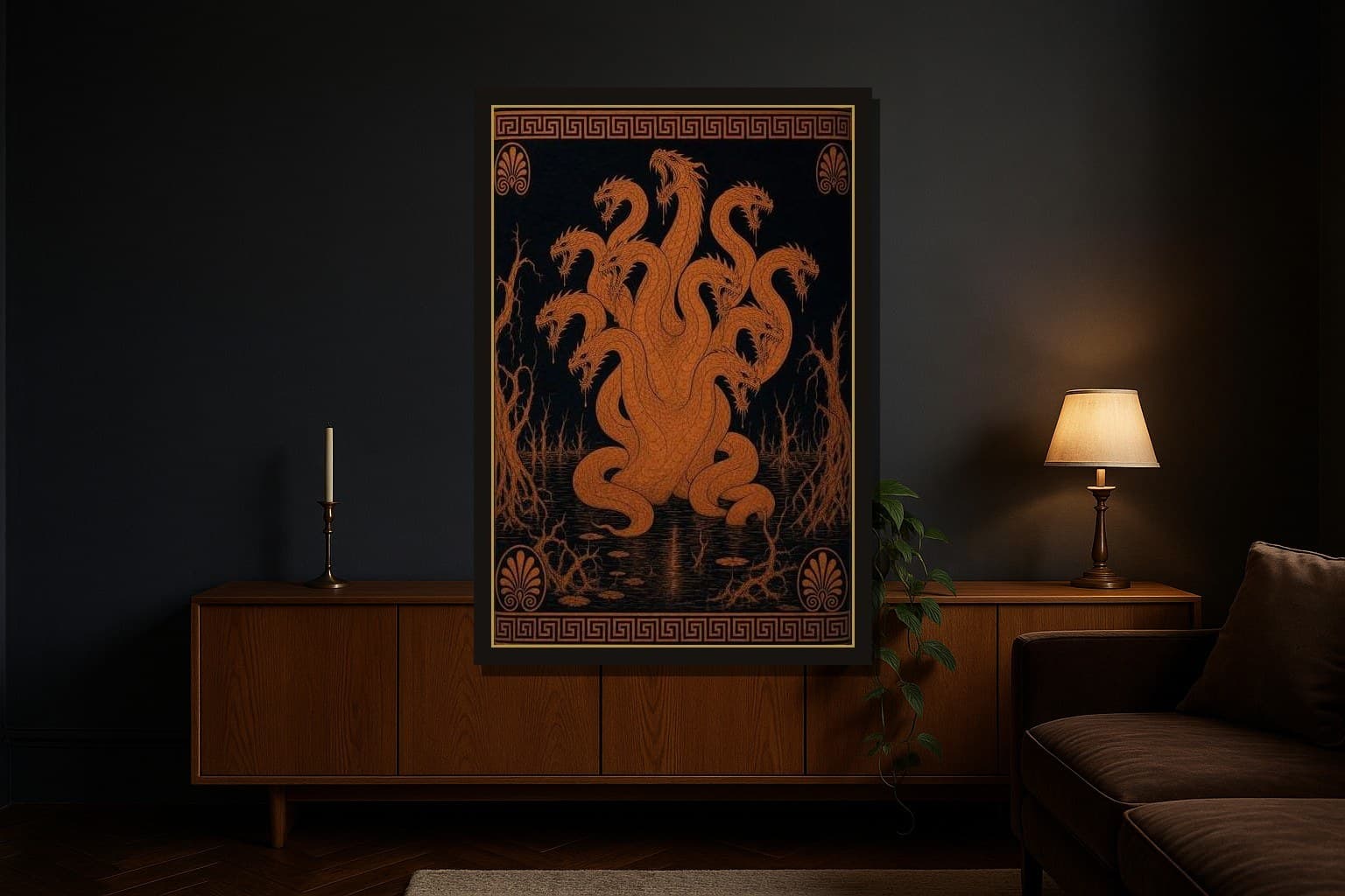 The Hydra shown as a framed fine-art print in a styled room