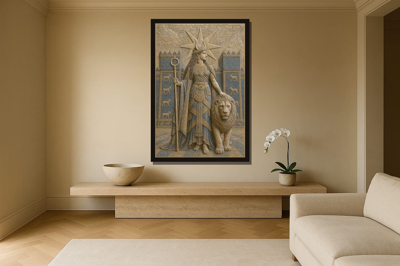 Inanna shown as a framed fine-art print in a styled room