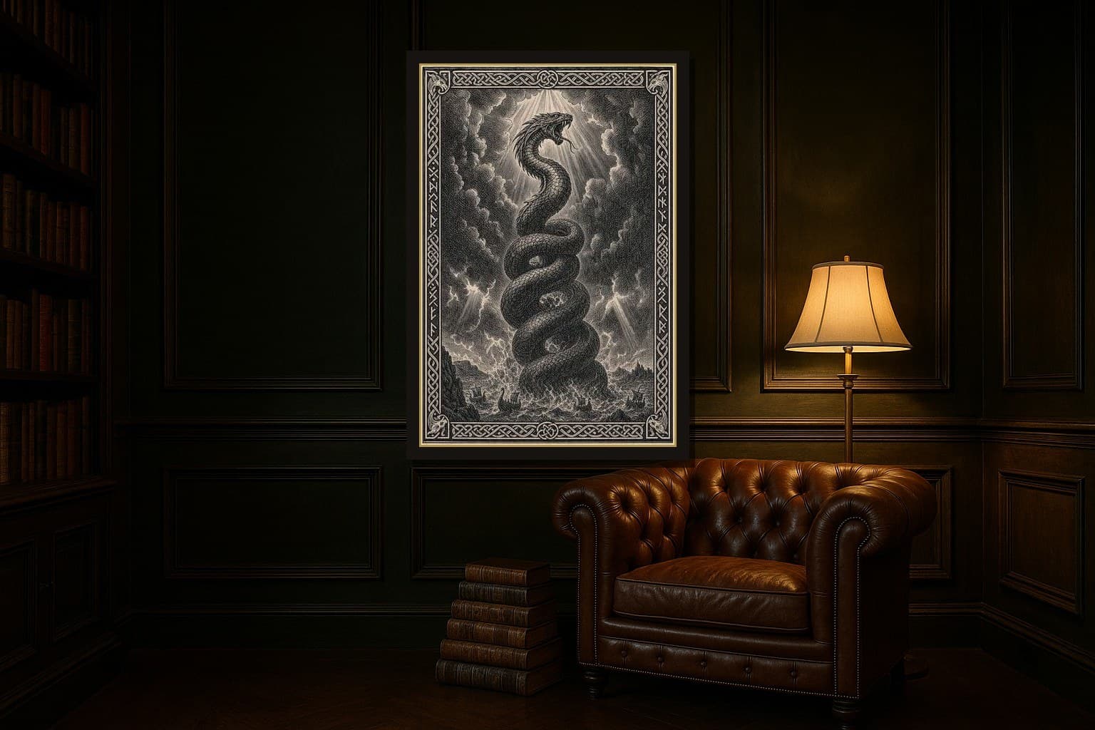 Jörmungandr hanging framed in a room