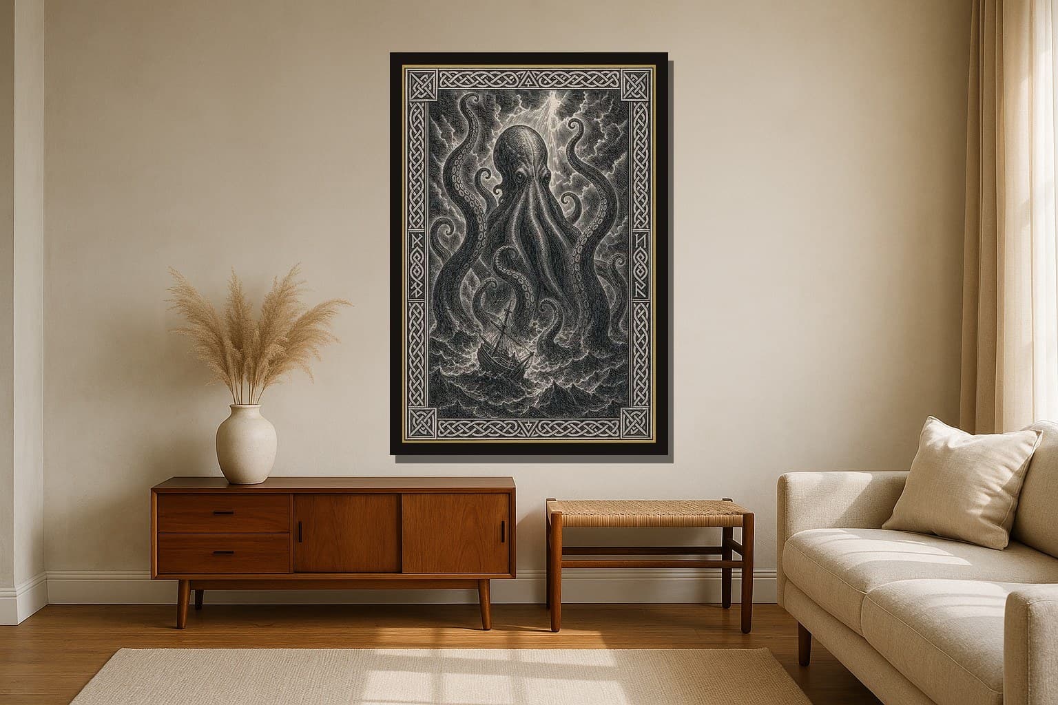 The Kraken hanging framed in a room
