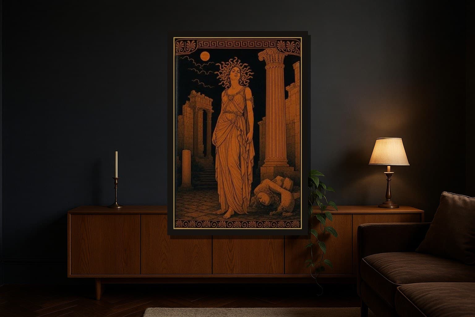 Medusa shown as a framed fine-art print in a styled room
