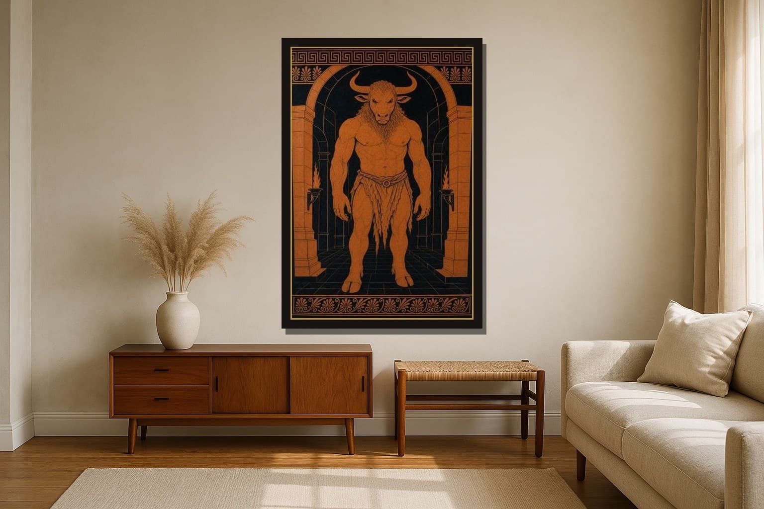 The Minotaur hanging framed in a room