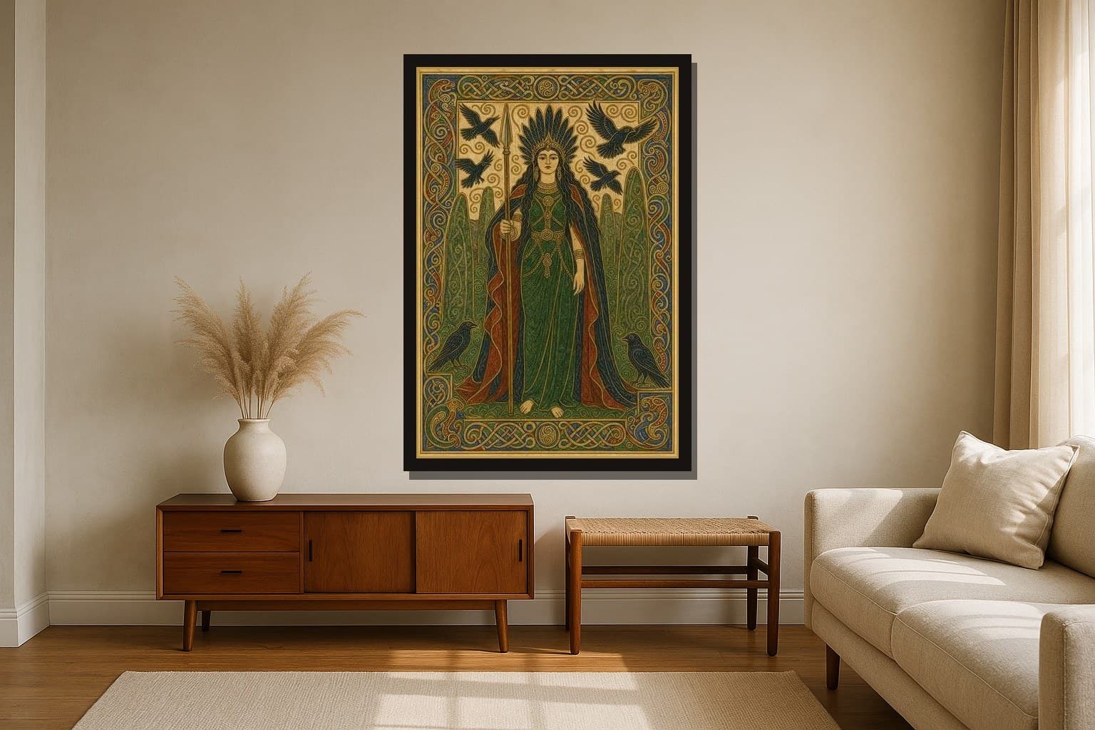 The Morrígan hanging framed in a room