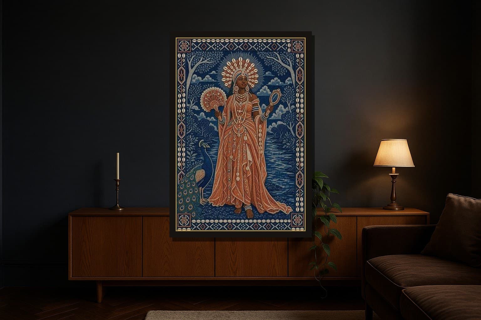 Oshun shown as a framed fine-art print in a styled room