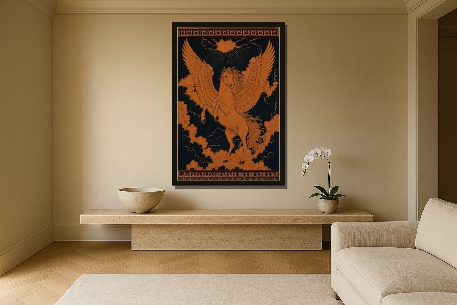 Pegasus shown as a framed fine-art print in a styled room