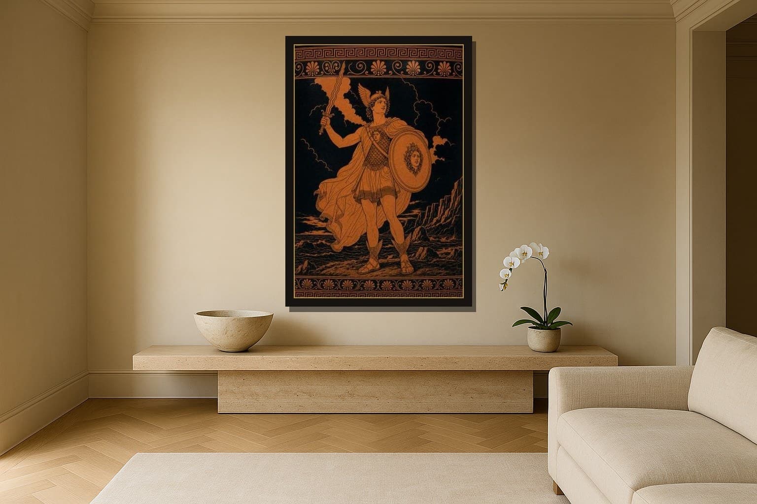 Perseus shown as a framed fine-art print in a styled room