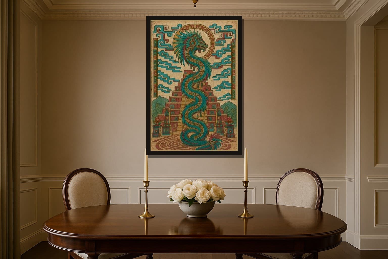 Quetzalcoatl shown as a framed fine-art print in a styled room
