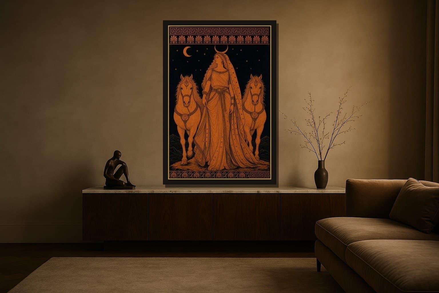 Selene shown as a framed fine-art print in a styled room