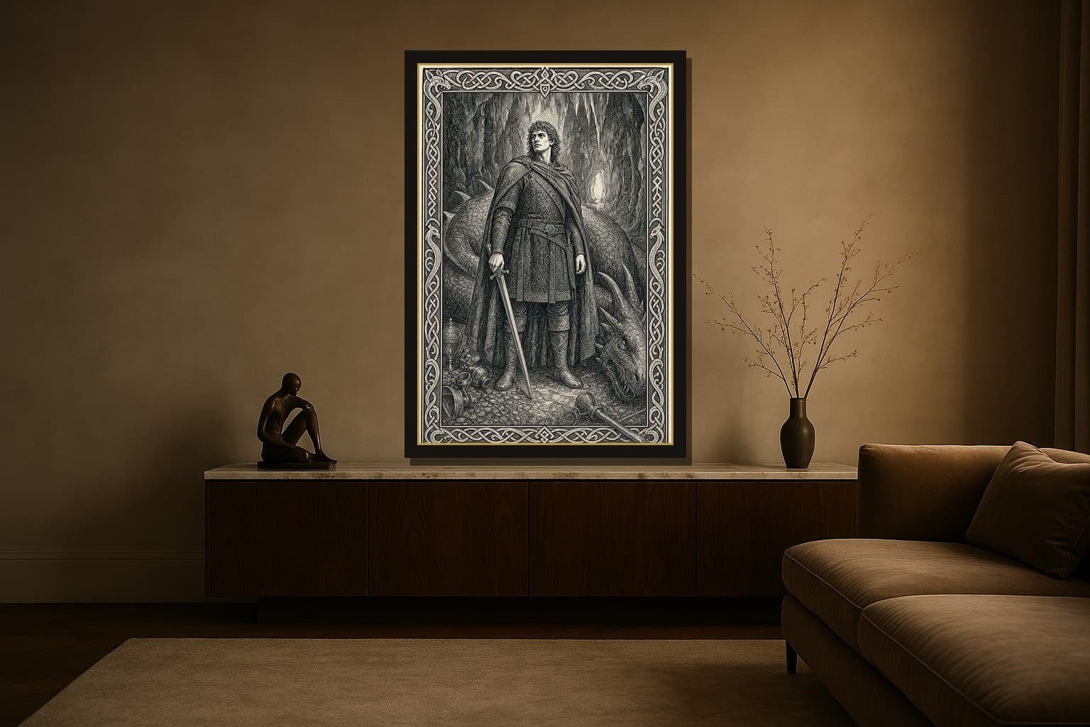 Sigurd shown as a framed fine-art print in a styled room