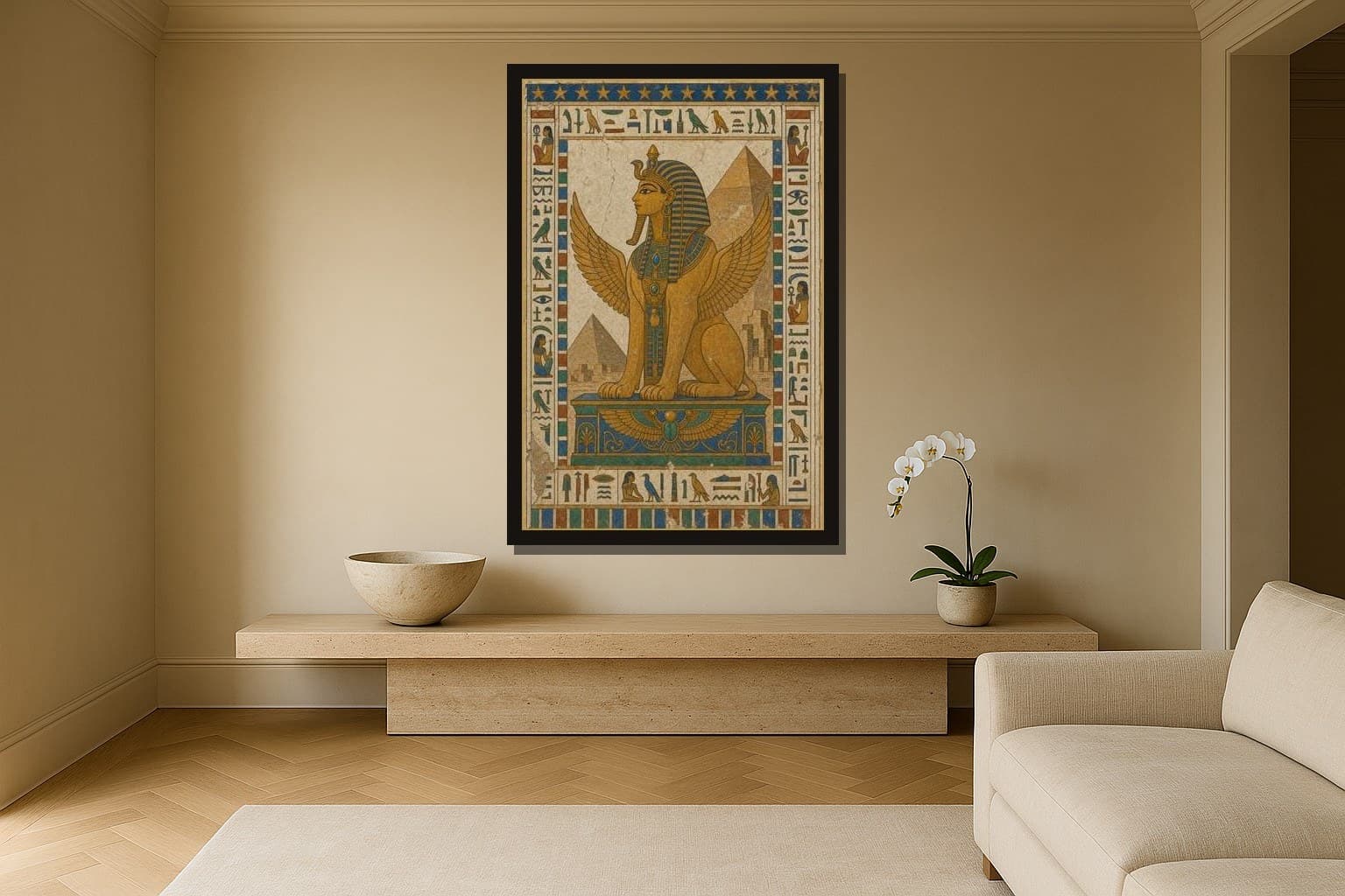 The Sphinx shown as a framed fine-art print in a styled room