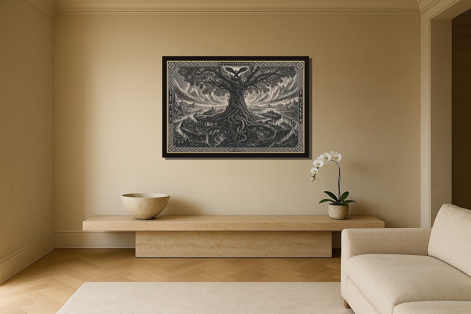 Yggdrasil shown as a framed fine-art print in a styled room